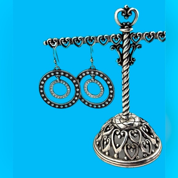 BRIGHTON TOWNSEND Silver Plate Earrings Open Circles Marcasite Crystals VINTAGE - Picture 2 of 4